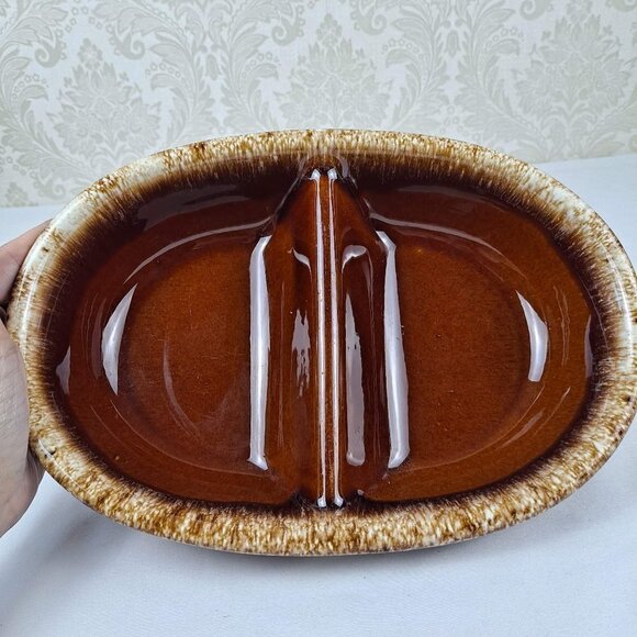 Hull Pottery Brown Drip Glazed Divided Dish made In USA Oven Proof Vintage - Picture 4 of 8